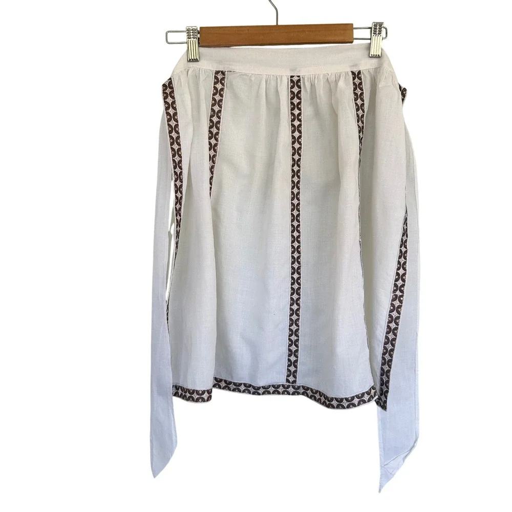 Vintage 70s Cottagecore Half Apron Women OS White Brown Gold Geometric Trim
